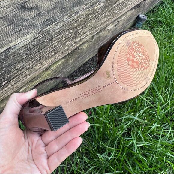 Vince Camuto Tezer T-Strap Sandal Block Heels Tortoise Brown Patent Women's 6 B - Picture 6 of 11